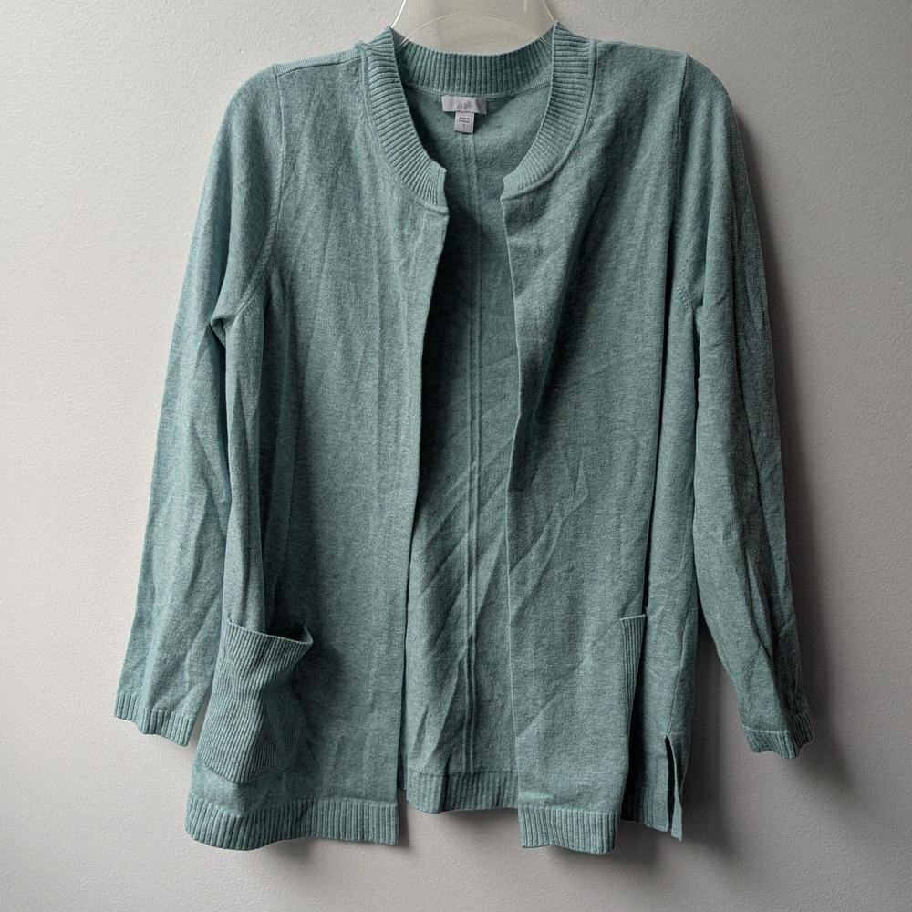J. Jill Cardigan Seafoam Green Open Front Knit Pocket Long Line Sweater Sz S